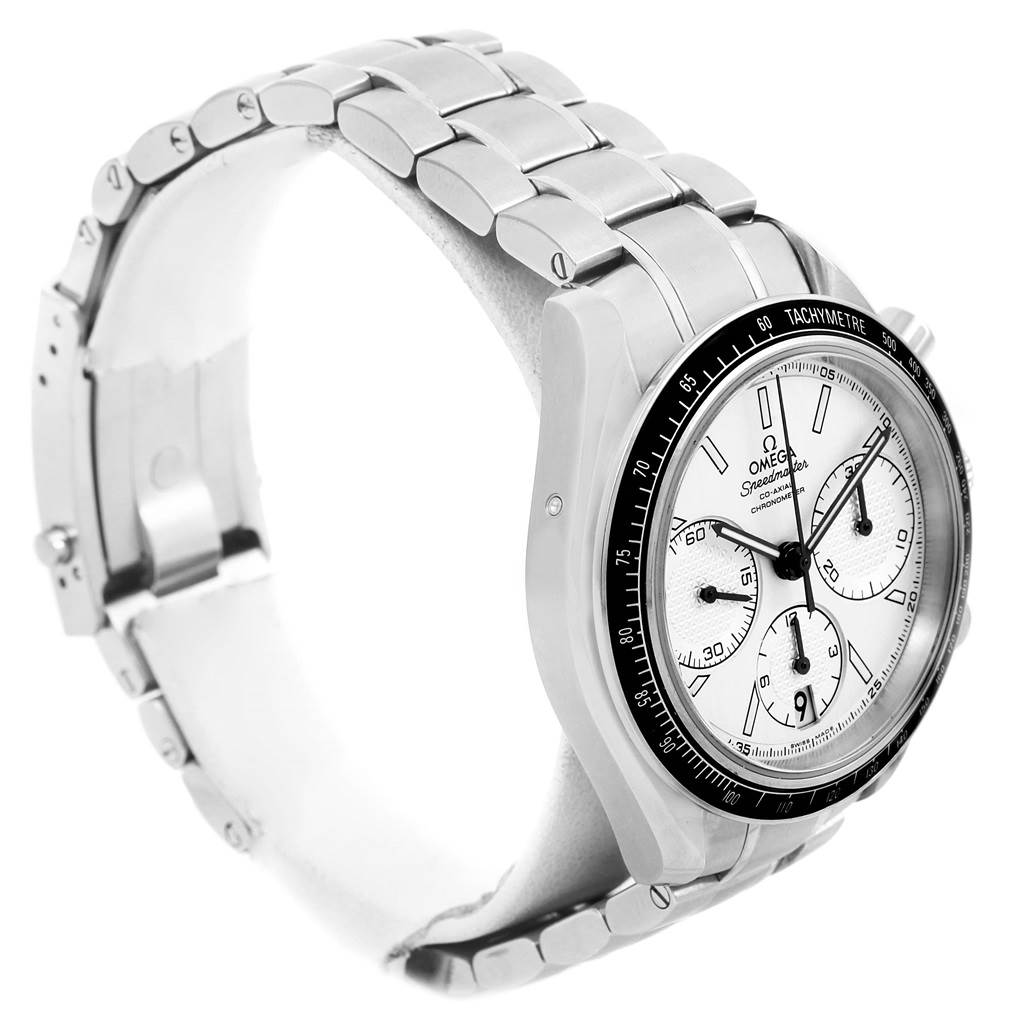 The image shows the Omega Speedmaster 326.30.40.50.02.001 Men
s Stainless Steel Silver Dial 326.30.40.50.02.001 Men
s Stainless Steel Silver Dial watch at a three-quarter side angle, highlighting its stainless steel bracelet, bezel, and dial.