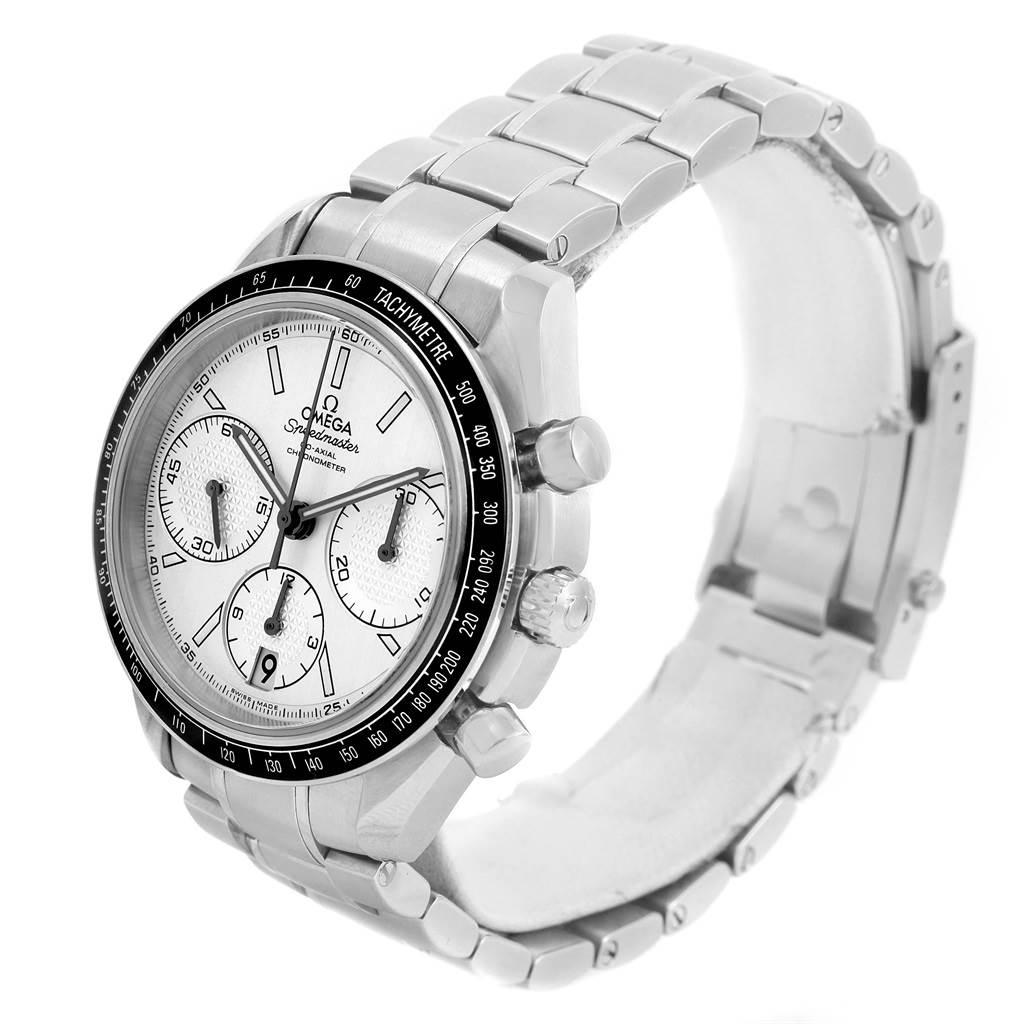 The image shows an Omega Speedmaster 326.30.40.50.02.001 Men
s Stainless Steel Silver Dial 326.30.40.50.02.001 Men
s Stainless Steel Silver Dial watch at a three-quarter angle, displaying the face, bezel, crown, and bracelet.