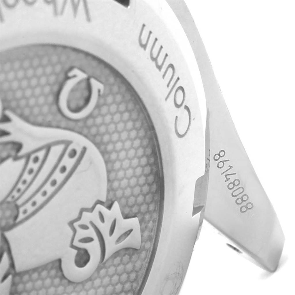 This image shows a close-up of the case back of an Omega Speedmaster 326.30.40.50.02.001 Men
s Stainless Steel Silver Dial 326.30.40.50.02.001 Men
s Stainless Steel Silver Dial watch, highlighting the engraving and serial number.