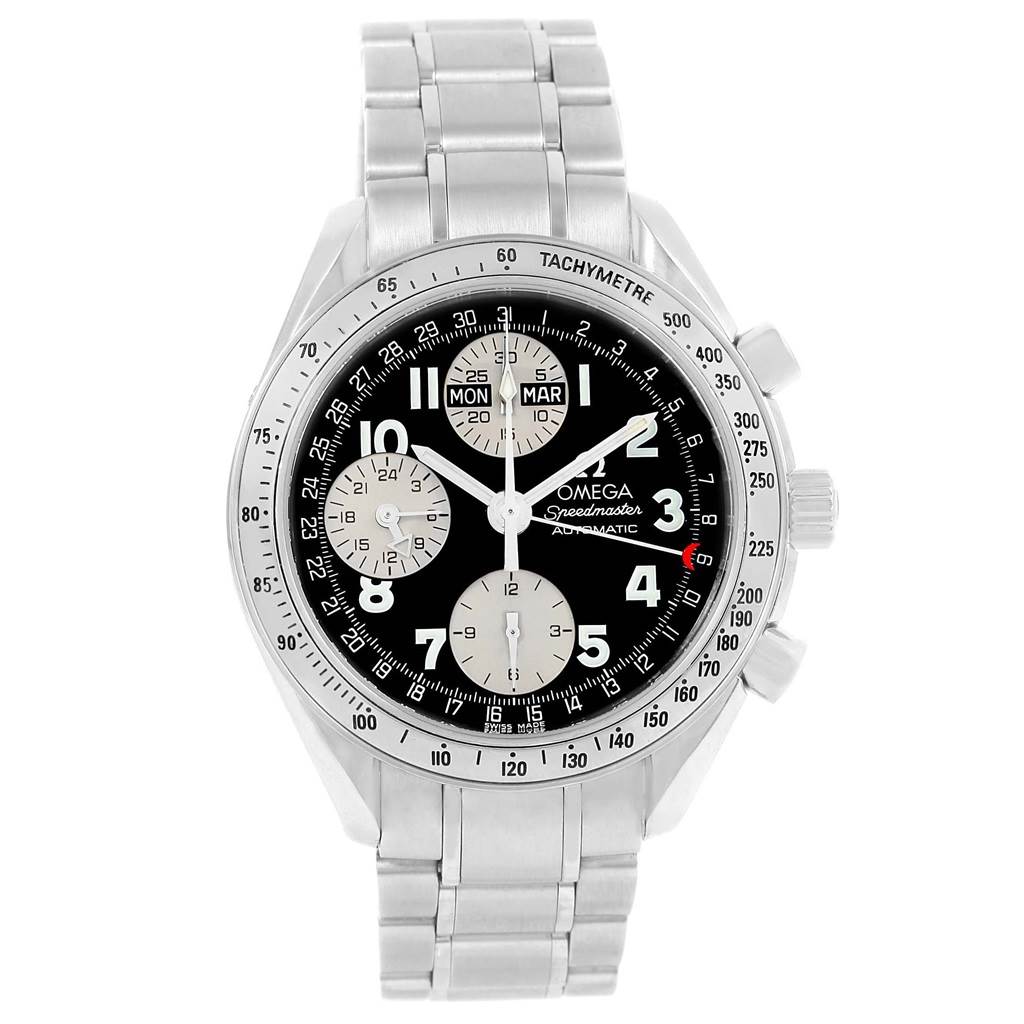 The image shows a front view of an Omega Speedmaster 3523.51.00 Men
s Stainless Steel Black Dial 3523.51.00 Men
s Stainless Steel Black Dial watch, highlighting its black dial, tachymeter bezel, and metal bracelet.