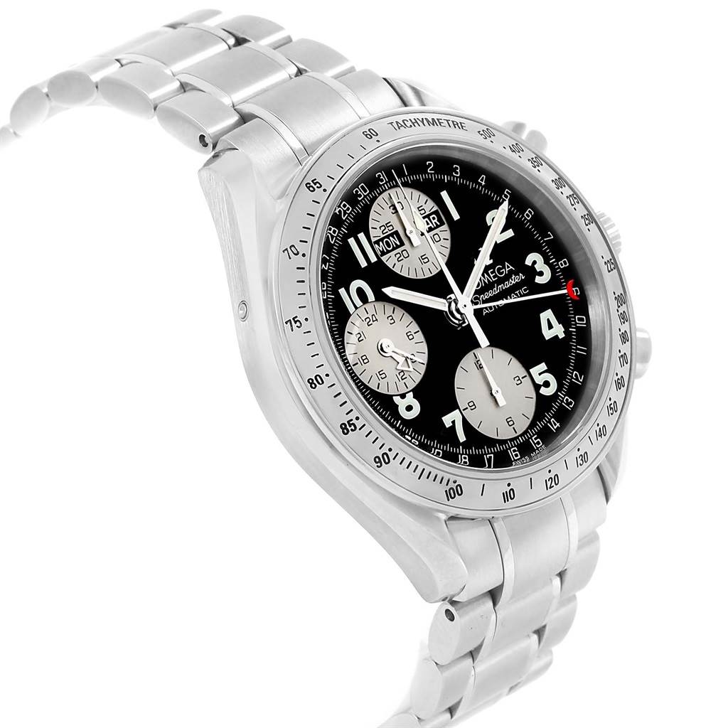 The image shows a side-angle view of an Omega Speedmaster 3523.51.00 Men
s Stainless Steel Black Dial 3523.51.00 Men
s Stainless Steel Black Dial watch featuring its dial, tachymeter bezel, and stainless steel bracelet.