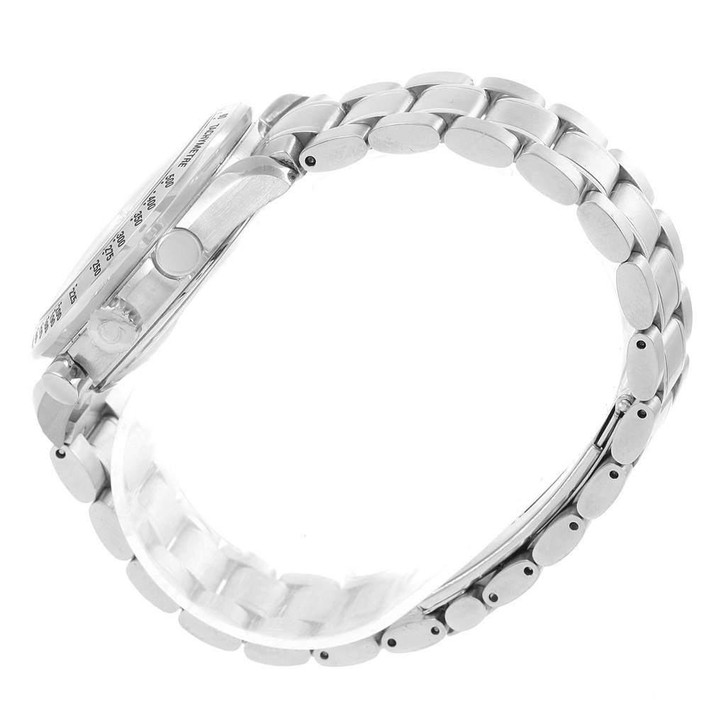 The image shows a side view of the Omega Speedmaster 3523.51.00 Men
s Stainless Steel Black Dial 3523.51.00 Men
s Stainless Steel Black Dial watch, highlighting its case and metal bracelet.