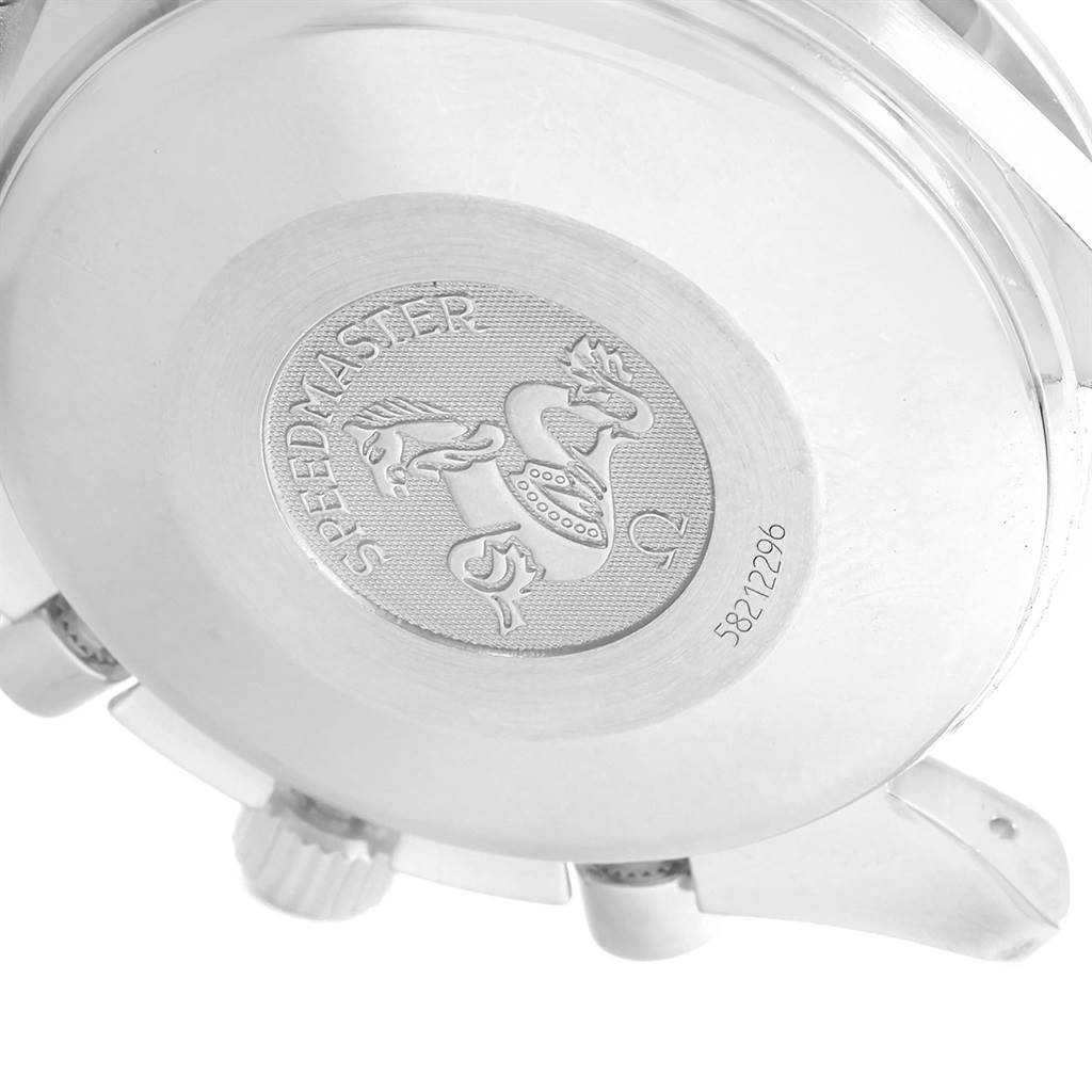 The image shows the back case of an Omega Speedmaster 3523.51.00 Men
s Stainless Steel Black Dial 3523.51.00 Men
s Stainless Steel Black Dial watch with the model engraving and serial number.