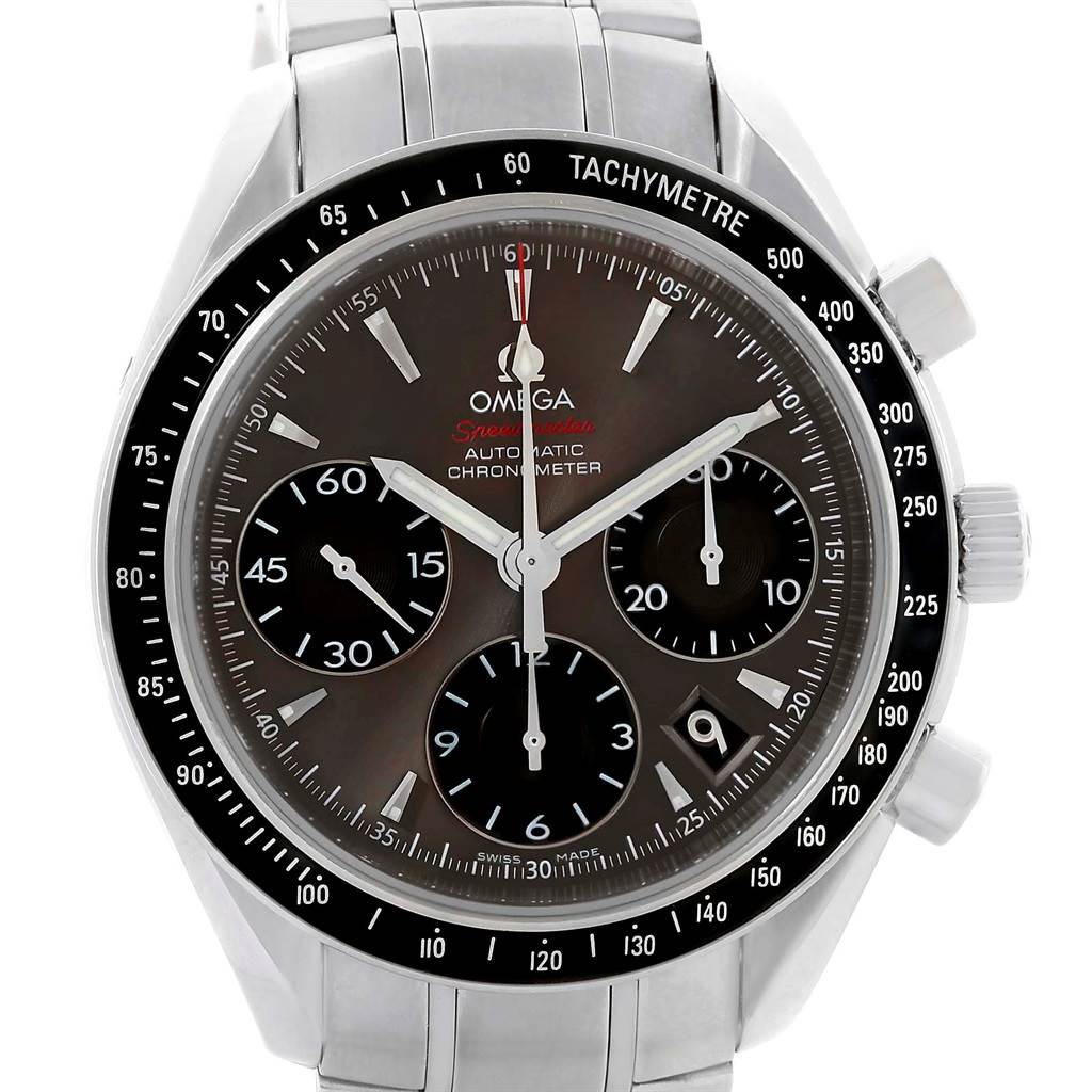 This image shows a front view of the Omega Speedmaster 323.30.40.40.06.001 Men's Stainless Steel Grey Dial 323.30.40.40.06.001 Men's Stainless Steel Grey Dial watch, highlighting the dial, sub-dials, tachymeter bezel, and part of the metal bracelet.