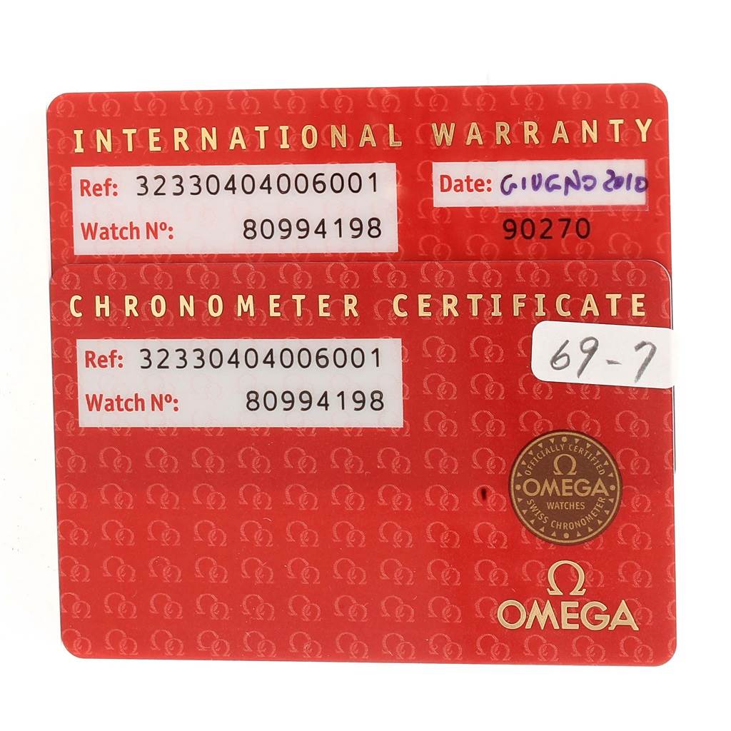 This image shows the International Warranty and Chronometer Certificate cards for an Omega Speedmaster 323.30.40.40.06.001 Men's Stainless Steel Grey Dial 323.30.40.40.06.001 Men's Stainless Steel Grey Dial watch.