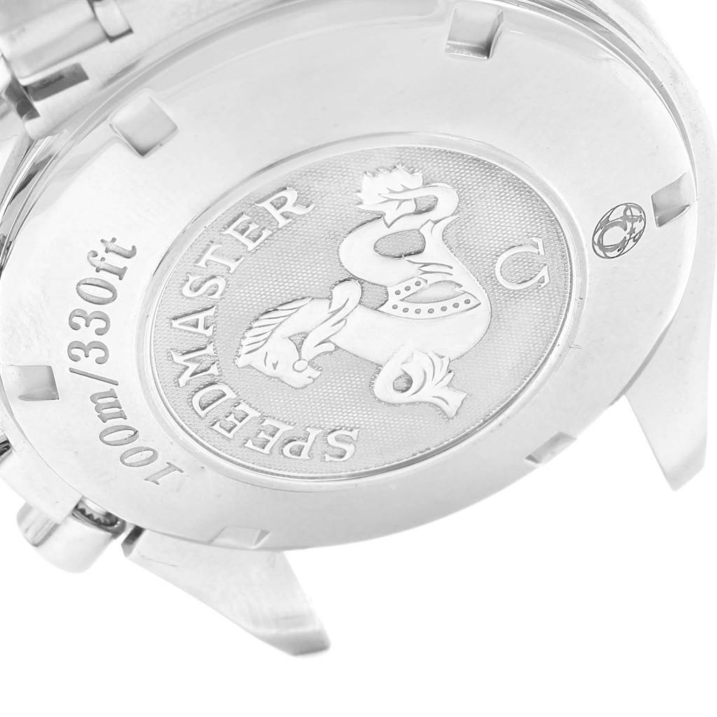 This image shows the engraved case back of an Omega Speedmaster 323.30.40.40.06.001 Men's Stainless Steel Grey Dial 323.30.40.40.06.001 Men's Stainless Steel Grey Dial watch, highlighting the brand's emblem and water resistance details.