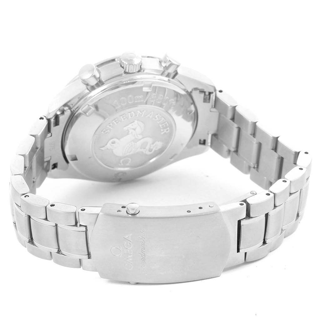 The image shows the back case and bracelet of the Omega Speedmaster 323.30.40.40.06.001 Men's Stainless Steel Grey Dial 323.30.40.40.06.001 Men's Stainless Steel Grey Dial watch with the clasp and branding visible.