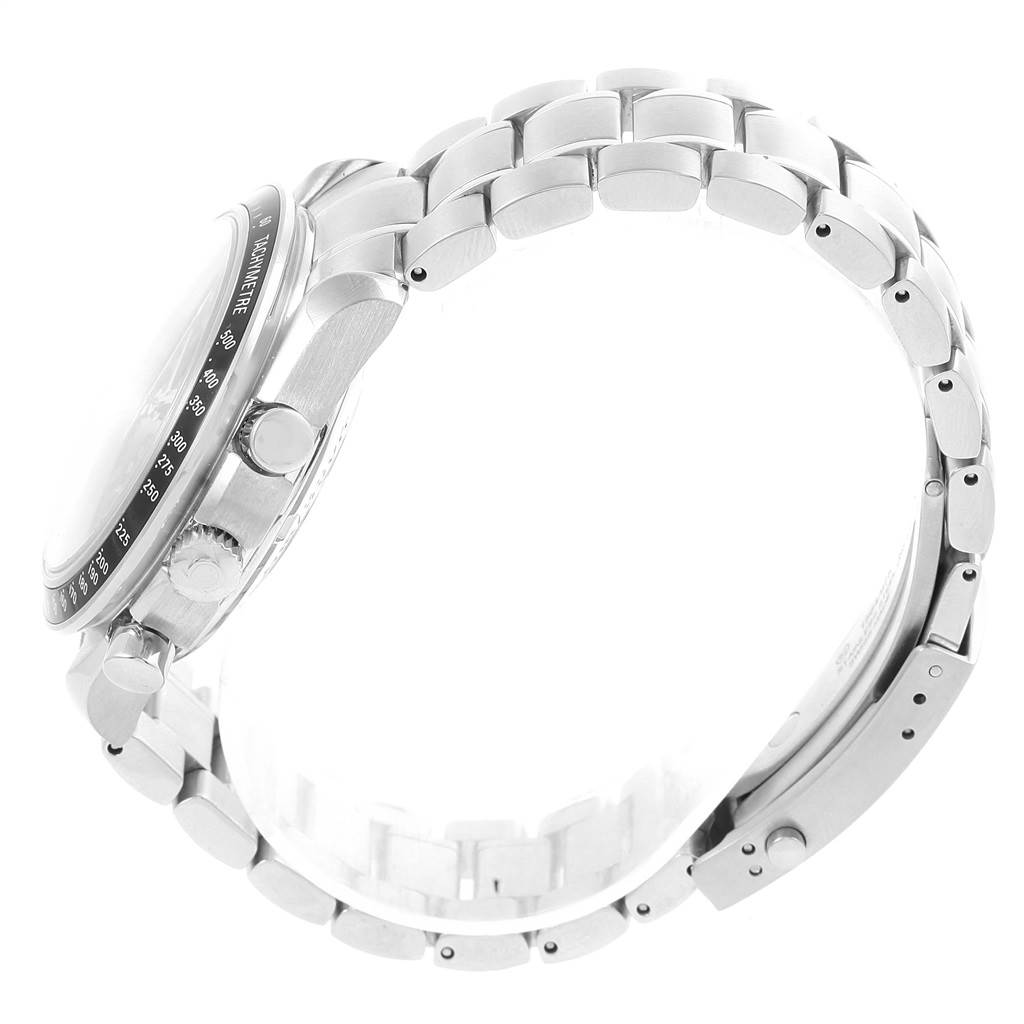 The image shows a side view of an Omega Speedmaster 323.30.40.40.06.001 Men's Stainless Steel Grey Dial 323.30.40.40.06.001 Men's Stainless Steel Grey Dial watch, highlighting its bezel, crown, pushers, and metal bracelet.