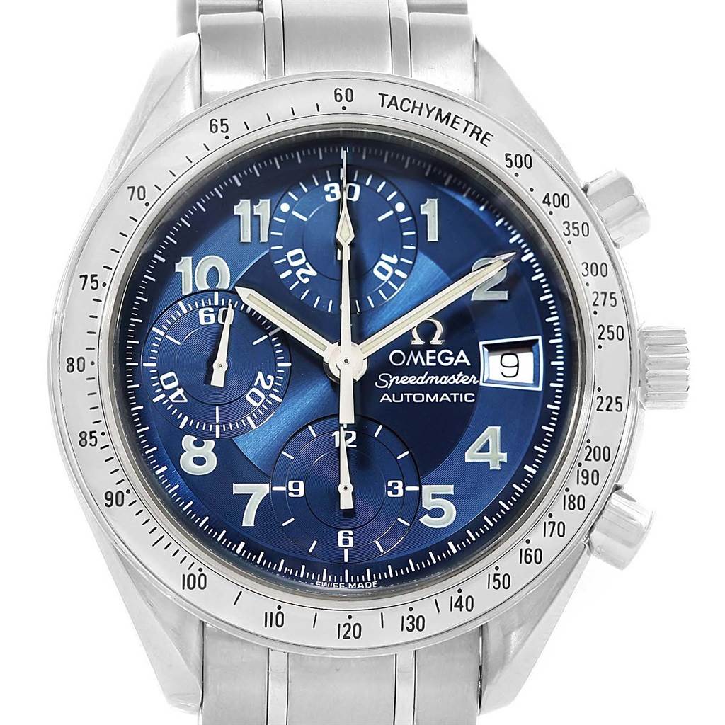 The Omega Speedmaster 3513.82.00 Men
s Stainless Steel Blue Dial 3513.82.00 Men
s Stainless Steel Blue Dial watch is shown from a front angle, highlighting its dial, subdials, date window, and tachymeter bezel.