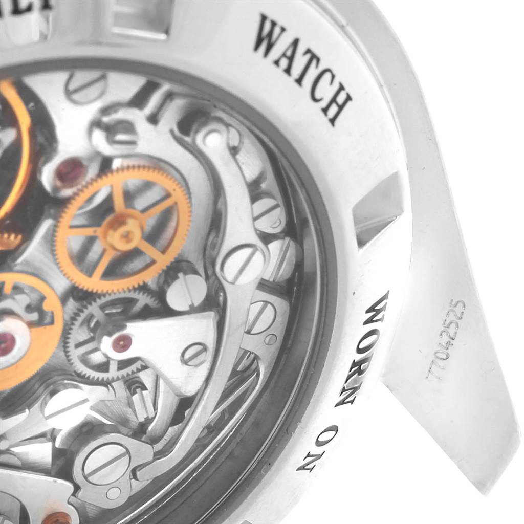 This close-up image shows the intricate internal mechanism and part of the back case of the Omega Speedmaster 3576.50.00 Men
s Stainless Steel Black Dial 3576.50.00 Men
s Stainless Steel Black Dial watch.