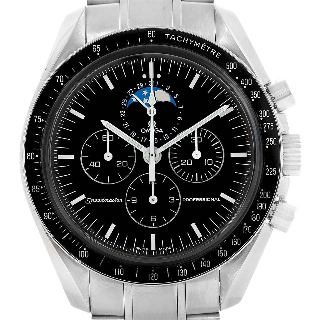 The image shows a front view of an Omega Speedmaster 3576.50.00 Men
s Stainless Steel Black Dial 3576.50.00 Men
s Stainless Steel Black Dial watch, featuring its dial, sub-dials, tachymeter bezel, and pushers.