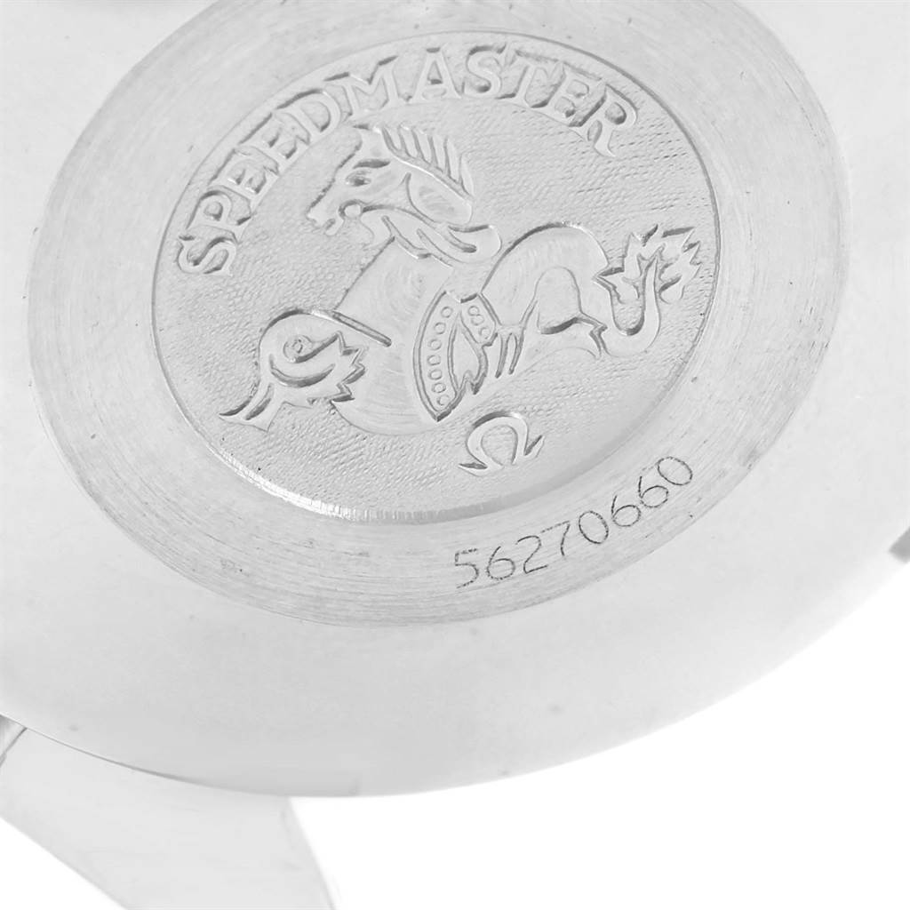 The image shows the back case of an Omega Speedmaster 3313.53.00 Men's Steel and Gold (two tone) Black Dial 3313.53.00 Men's Steel and Gold (two tone) Black Dial watch, featuring the model name and emblem.