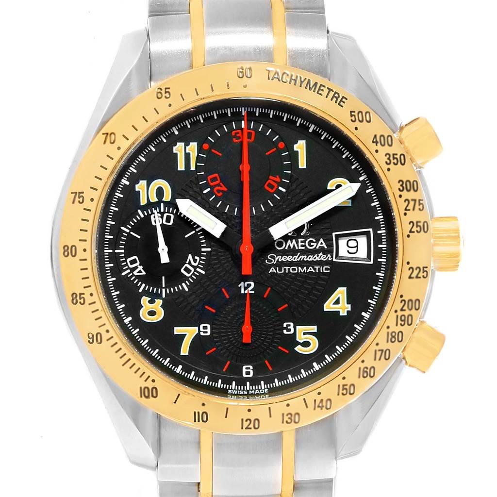 This Omega Speedmaster 3313.53.00 Men's Steel and Gold (two tone) Black Dial 3313.53.00 Men's Steel and Gold (two tone) Black Dial watch is shown from the front, displaying its dial, bezel, and part of the bracelet.