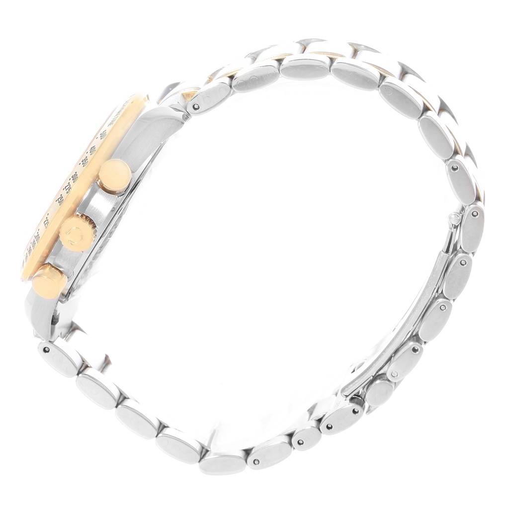 This side view image of the Omega Speedmaster 3313.53.00 Men's Steel and Gold (two tone) Black Dial 3313.53.00 Men's Steel and Gold (two tone) Black Dial watch shows the bracelet, crown, and pushers.