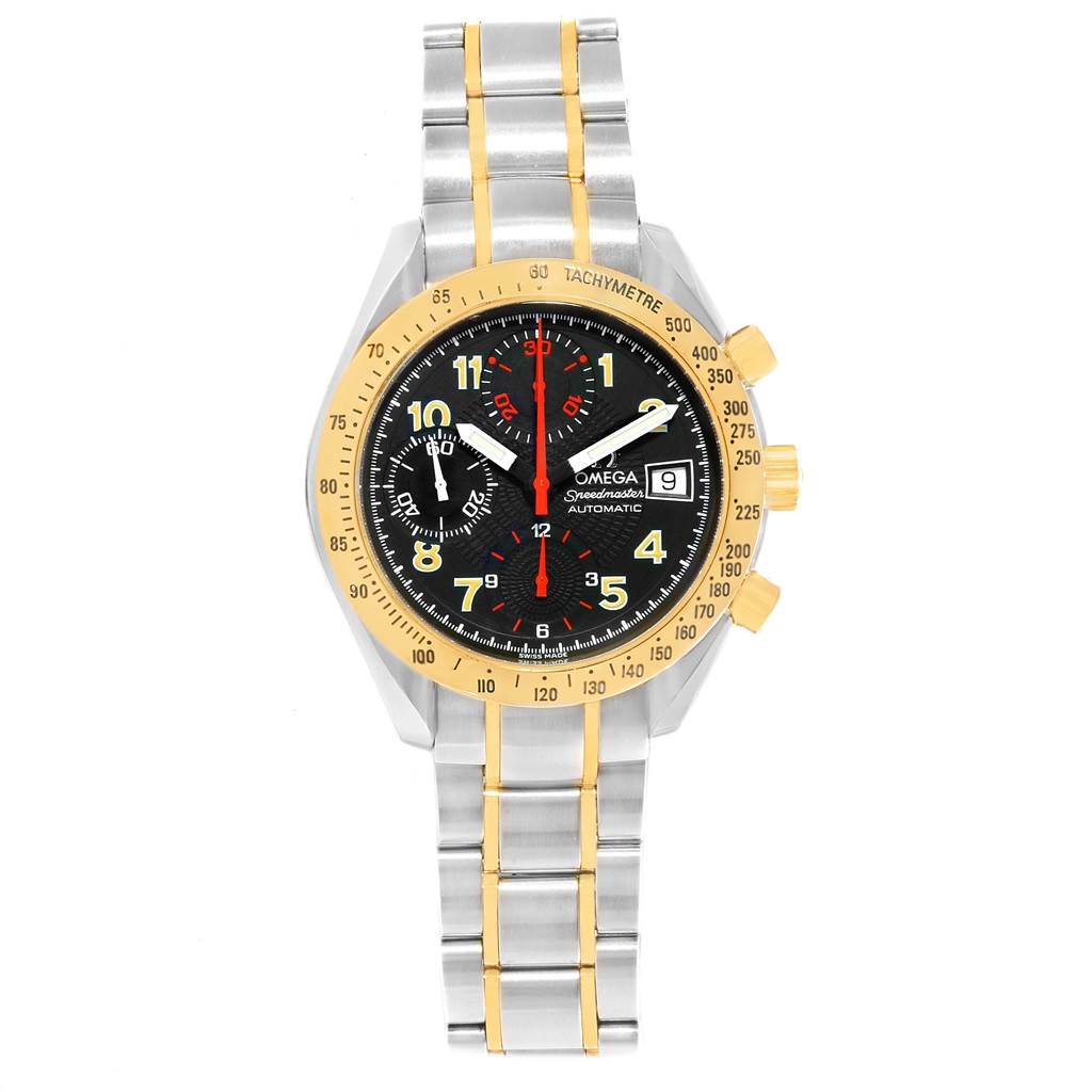This Omega Speedmaster 3313.53.00 Men's Steel and Gold (two tone) Black Dial 3313.53.00 Men's Steel and Gold (two tone) Black Dial watch is displayed from a top-down angle, showing the face, bezel, crown, and part of the bracelet.