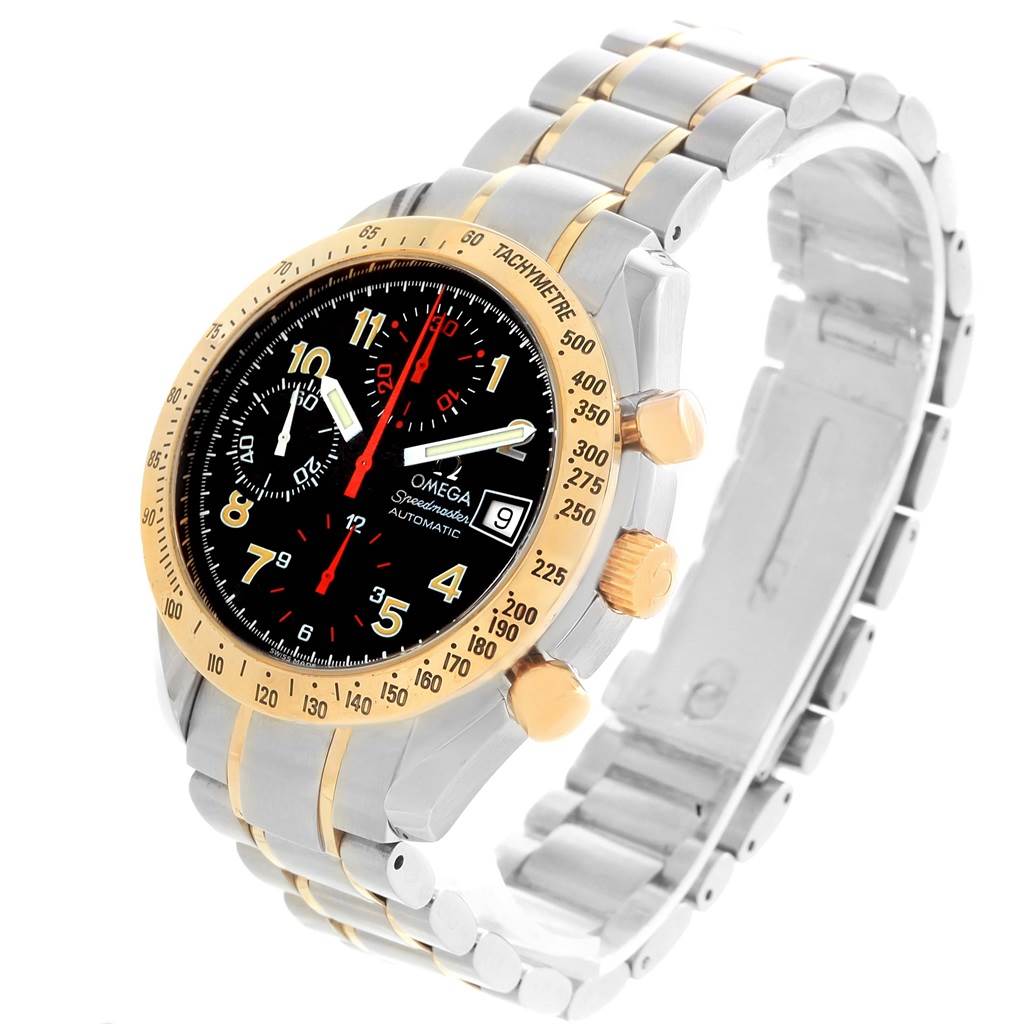 The image shows the Omega Speedmaster 3313.53.00 Men's Steel and Gold (two tone) Black Dial 3313.53.00 Men's Steel and Gold (two tone) Black Dial watch at a three-quarter angle, highlighting its face, bezel, crown, and metal strap.