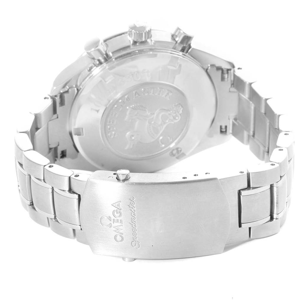 The image shows the back and clasp of an Omega Speedmaster 323.30.40.40.06.001 Men
s Stainless Steel Grey Dial 323.30.40.40.06.001 Men
s Stainless Steel Grey Dial watch, highlighting the case back engraving and metal bracelet.