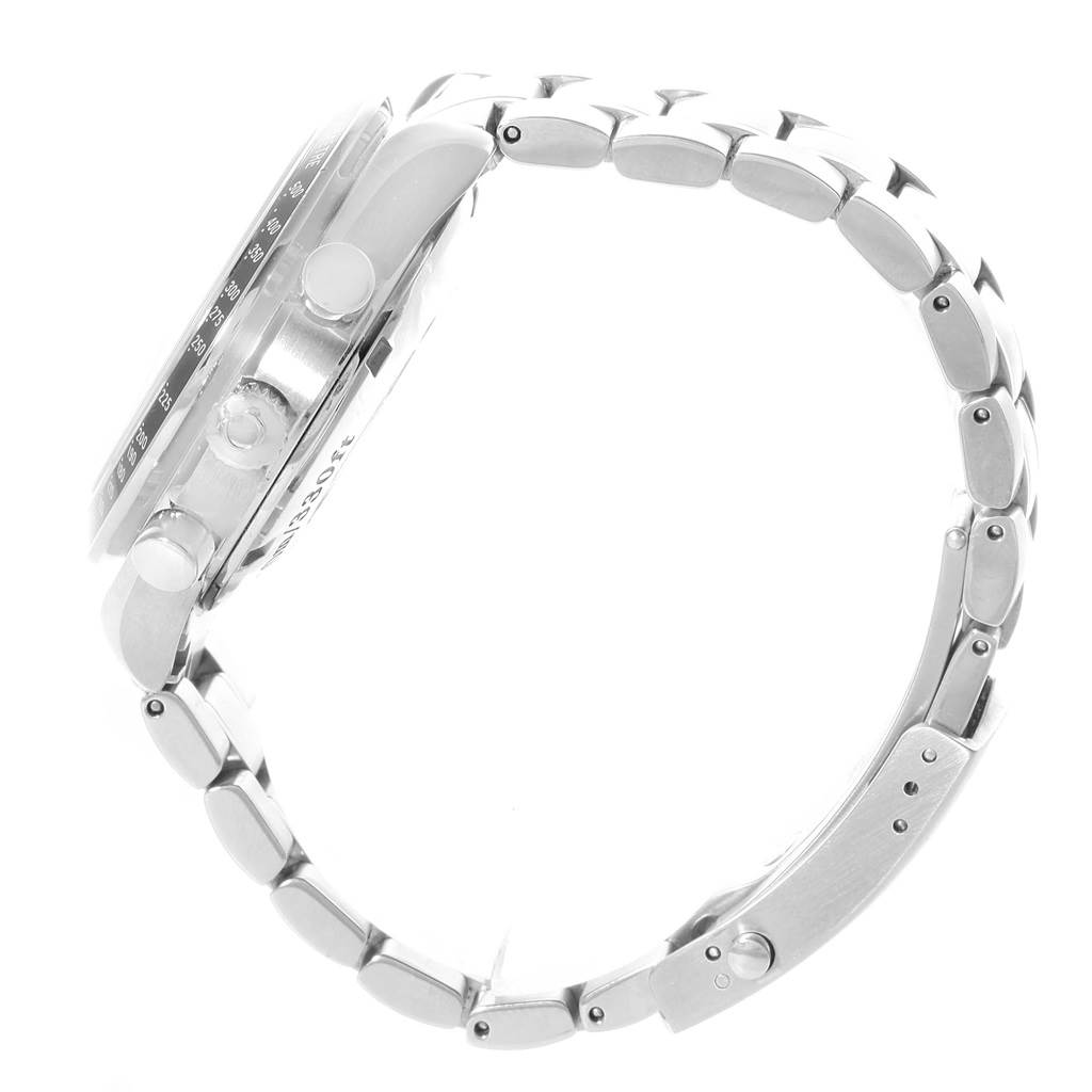 The image shows a side view of the Omega Speedmaster 323.30.40.40.06.001 Men
s Stainless Steel Grey Dial 323.30.40.40.06.001 Men
s Stainless Steel Grey Dial watch, highlighting the case, crown, and bracelet.