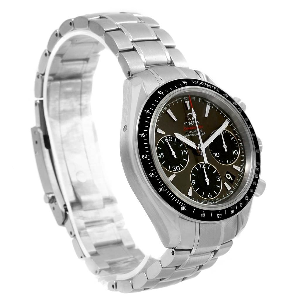 The Omega Speedmaster 323.30.40.40.06.001 Men
s Stainless Steel Grey Dial 323.30.40.40.06.001 Men
s Stainless Steel Grey Dial watch is shown at a three-quarter angle, highlighting the dial, bezel, and stainless steel bracelet.