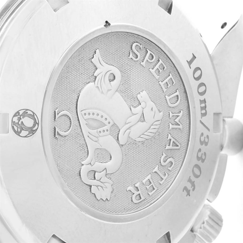 This image shows the case back of an Omega Speedmaster 323.30.40.40.06.001 Men
s Stainless Steel Grey Dial 323.30.40.40.06.001 Men
s Stainless Steel Grey Dial watch, featuring the engraved emblem and water resistance details.