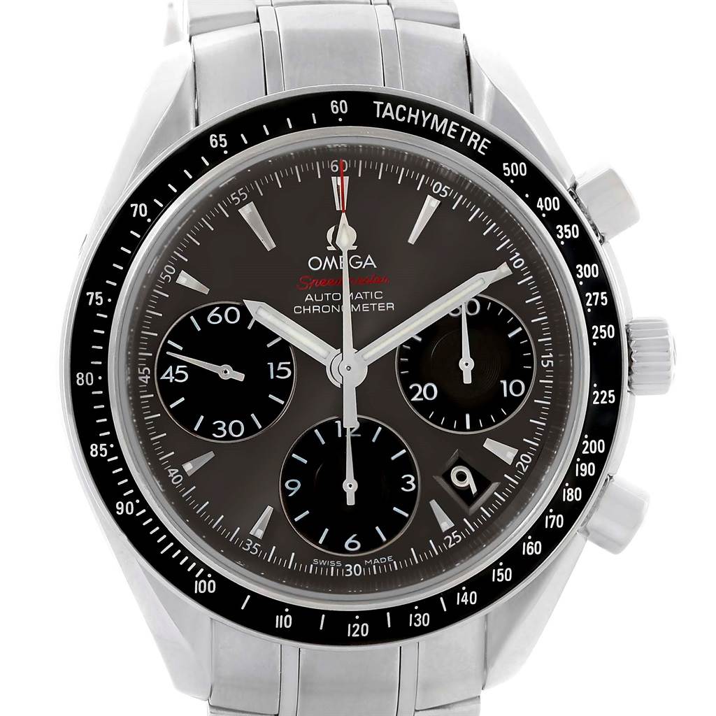 This image shows a front view of the Omega Speedmaster 323.30.40.40.06.001 Men
s Stainless Steel Grey Dial 323.30.40.40.06.001 Men
s Stainless Steel Grey Dial watch, highlighting its dial, tachymeter bezel, and chronograph subdials.