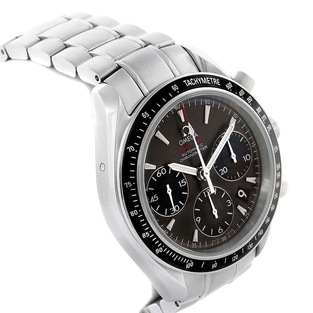 The Omega Speedmaster 323.30.40.40.06.001 Men
s Stainless Steel Grey Dial 323.30.40.40.06.001 Men
s Stainless Steel Grey Dial watch is shown at an angle highlighting the face, tachymeter bezel, and metal bracelet.