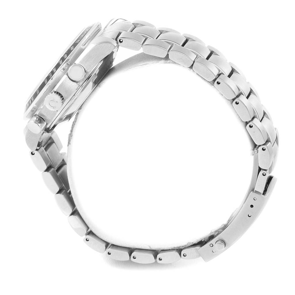 The image shows a side view of an Omega Speedmaster 323.30.40.40.06.001 Men
s Stainless Steel Grey Dial 323.30.40.40.06.001 Men
s Stainless Steel Grey Dial watch, highlighting its metal bracelet and case.