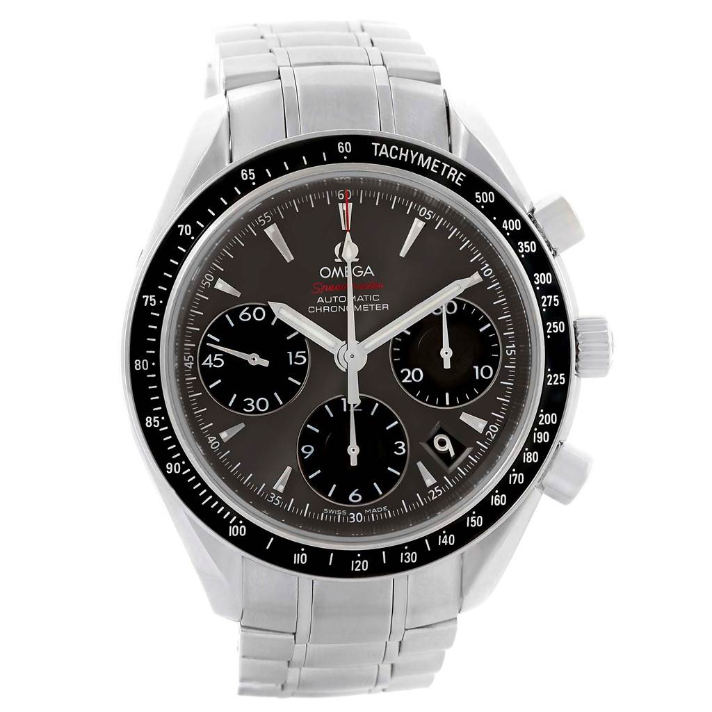 The image shows a front view of the Omega Speedmaster 323.30.40.40.06.001 Men
s Stainless Steel Grey Dial 323.30.40.40.06.001 Men
s Stainless Steel Grey Dial watch, highlighting the dial, bezel, and bracelet.