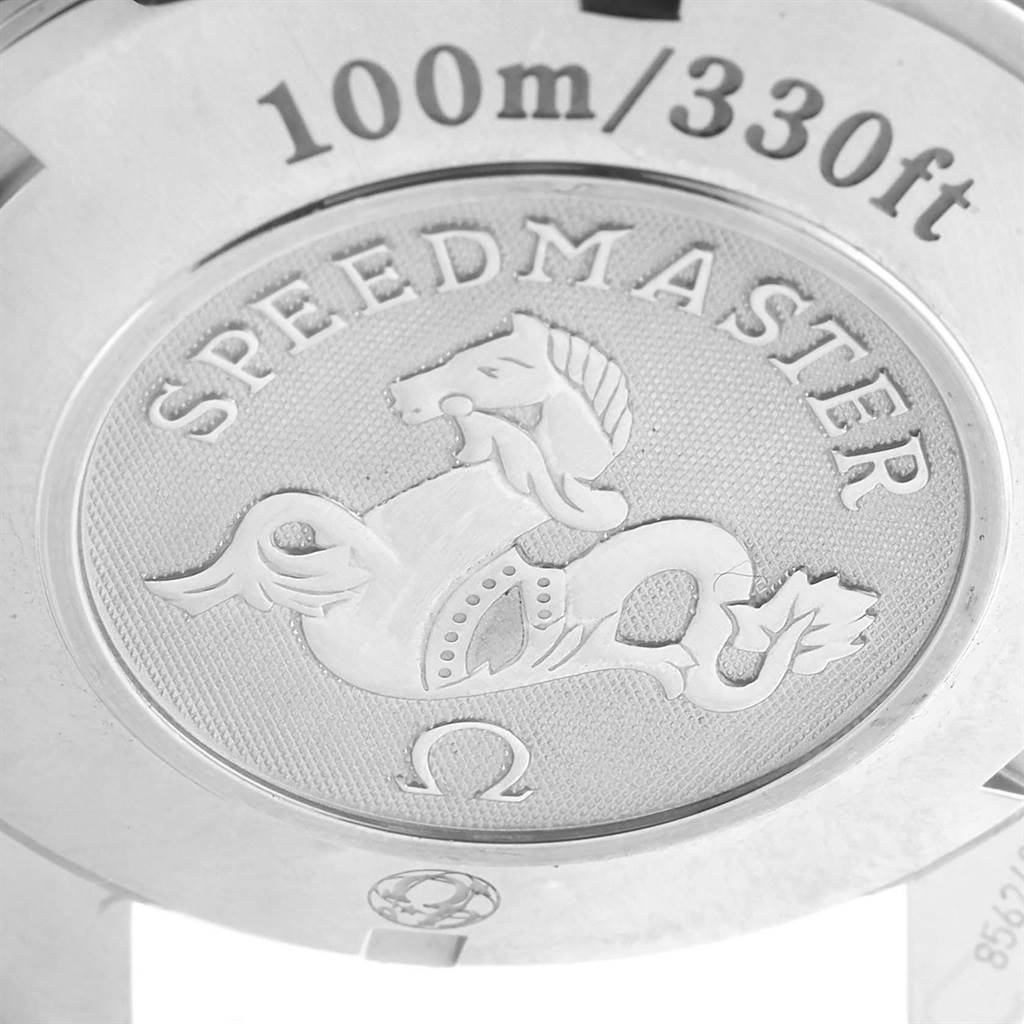 This is a close-up shot of the case back of an Omega Speedmaster 323.30.40.40.06.001 Men
s Stainless Steel Grey Dial 323.30.40.40.06.001 Men
s Stainless Steel Grey Dial watch, showing the Speedmaster emblem and water resistance marking.