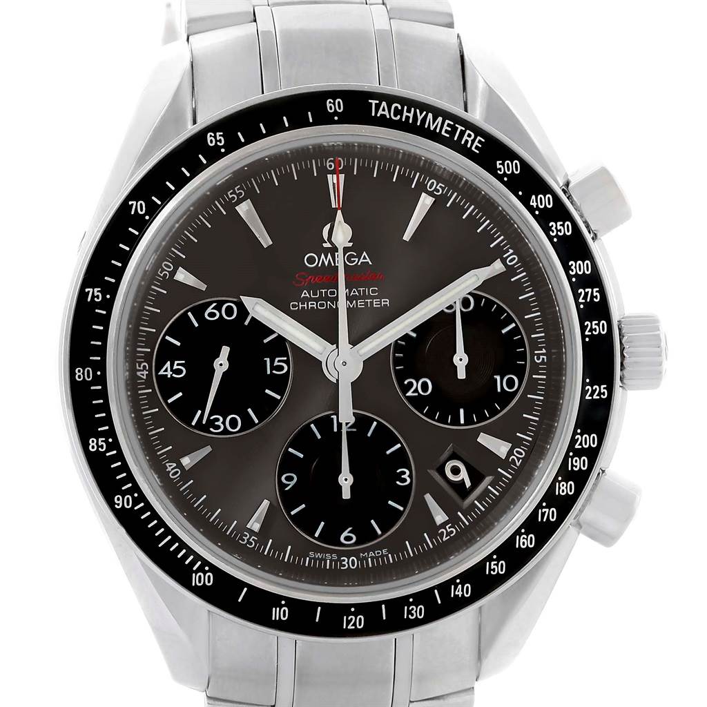 This image shows a frontal view of an Omega Speedmaster 323.30.40.40.06.001 Men's Stainless Steel Grey Dial 323.30.40.40.06.001 Men's Stainless Steel Grey Dial watch, highlighting its black dial, chronograph subdials, and tachymeter bezel.