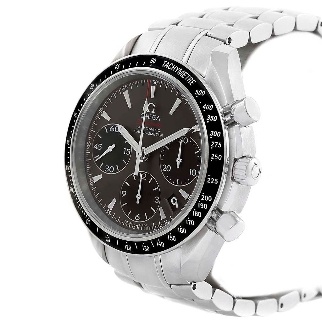 The image shows an Omega Speedmaster 323.30.40.40.06.001 Men's Stainless Steel Grey Dial 323.30.40.40.06.001 Men's Stainless Steel Grey Dial watch angled to display its face, chronograph dials, bezel, and part of the bracelet.