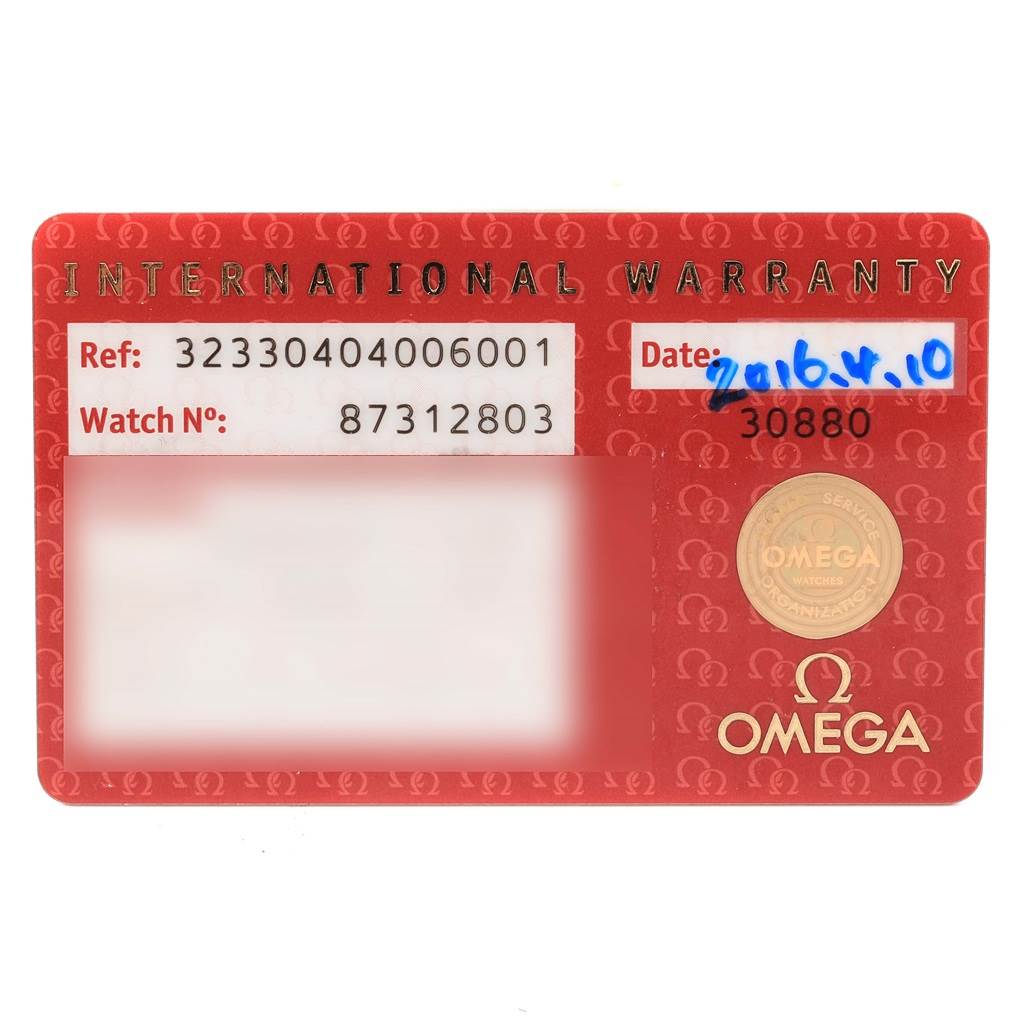 The image shows an Omega Speedmaster 323.30.40.40.06.001 Men's Stainless Steel Grey Dial 323.30.40.40.06.001 Men's Stainless Steel Grey Dial International Warranty card with reference and watch numbers, date, and Omega branding.