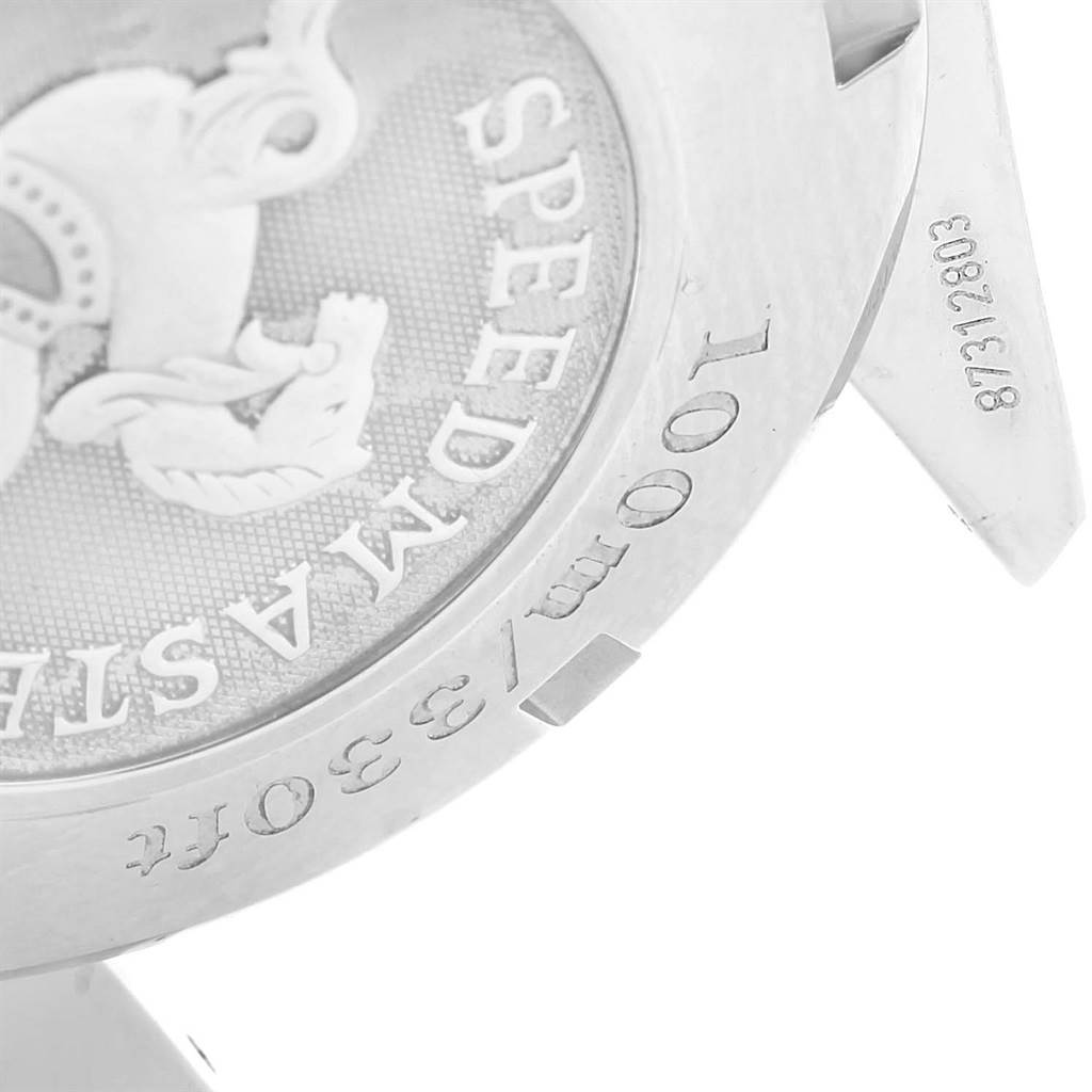 The image shows the engraved back case and lug of an Omega Speedmaster 323.30.40.40.06.001 Men's Stainless Steel Grey Dial 323.30.40.40.06.001 Men's Stainless Steel Grey Dial watch.