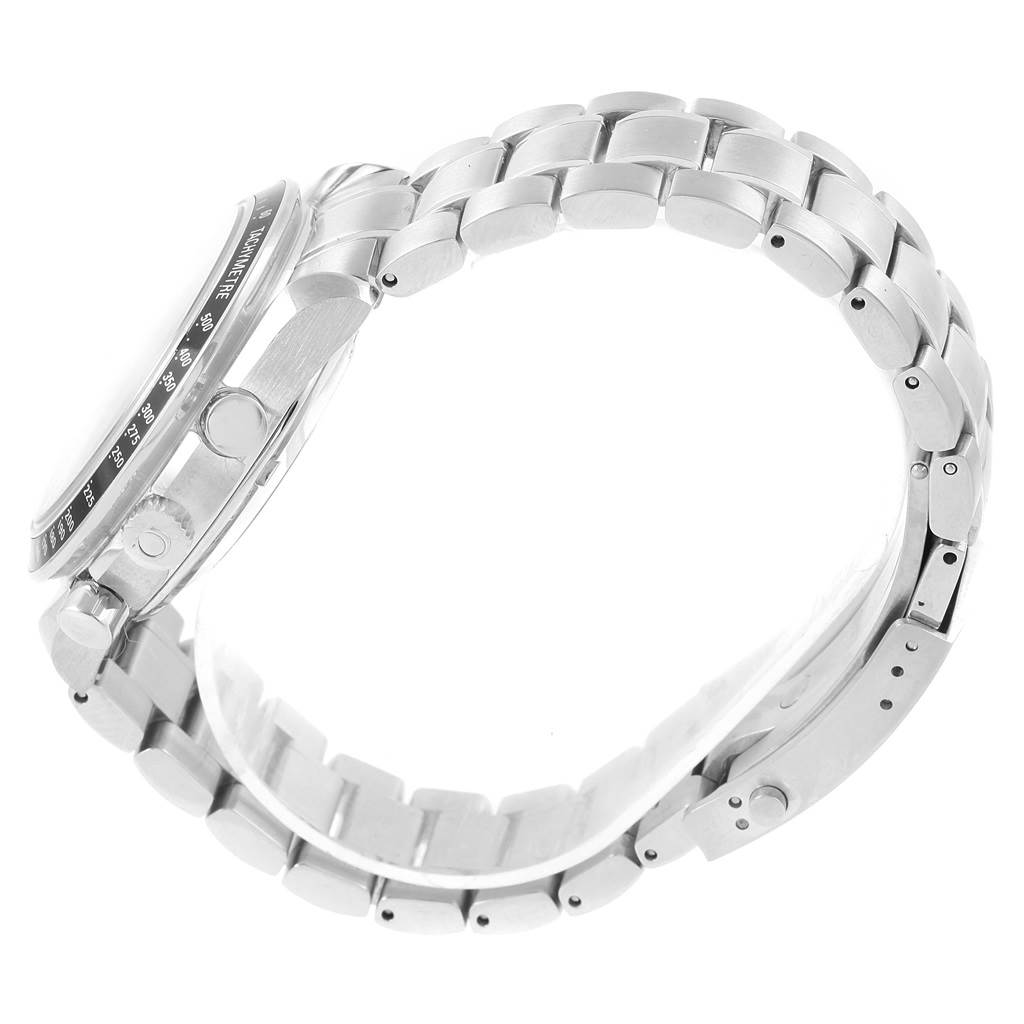 This image shows a side view of the Omega Speedmaster 323.30.40.40.06.001 Men's Stainless Steel Grey Dial 323.30.40.40.06.001 Men's Stainless Steel Grey Dial watch focusing on the bracelet and case.