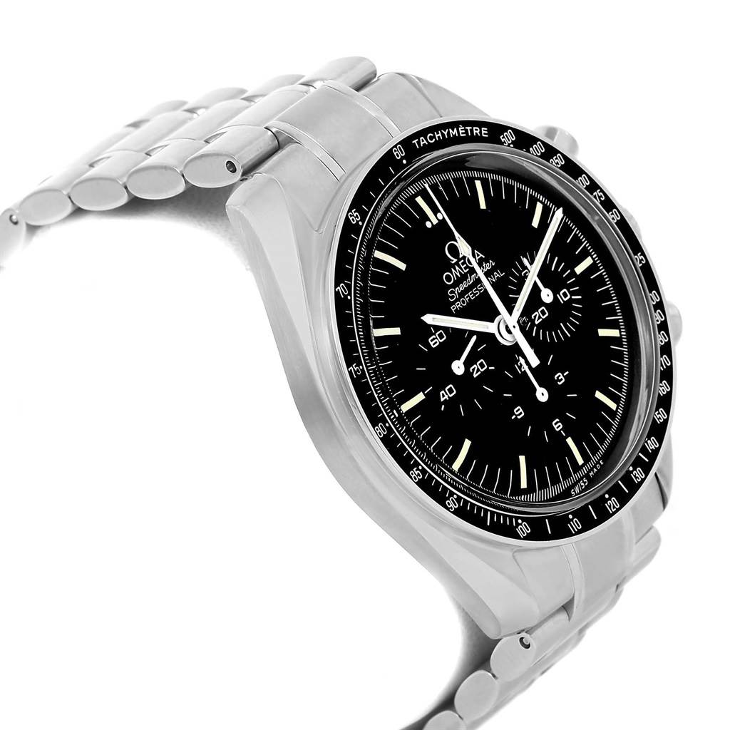 The Omega Speedmaster 3570.50.00 Men
s Stainless Steel Black Dial 3570.50.00 Men
s Stainless Steel Black Dial watch is shown at a side angle, highlighting its black dial, tachymeter bezel, and metal bracelet.