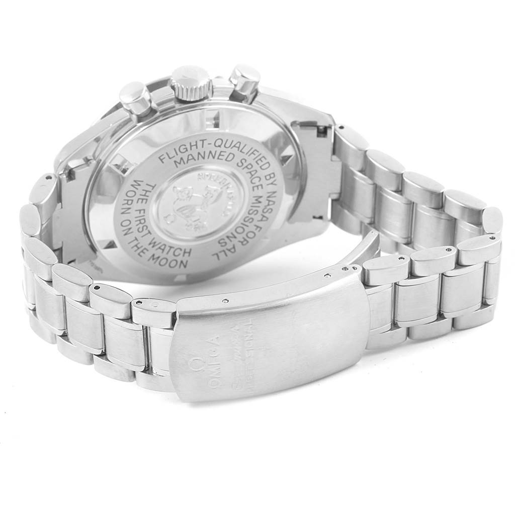 The image shows the back case and bracelet of an Omega Speedmaster 3570.50.00 Men
s Stainless Steel Black Dial 3570.50.00 Men
s Stainless Steel Black Dial watch at an angled, rear perspective.