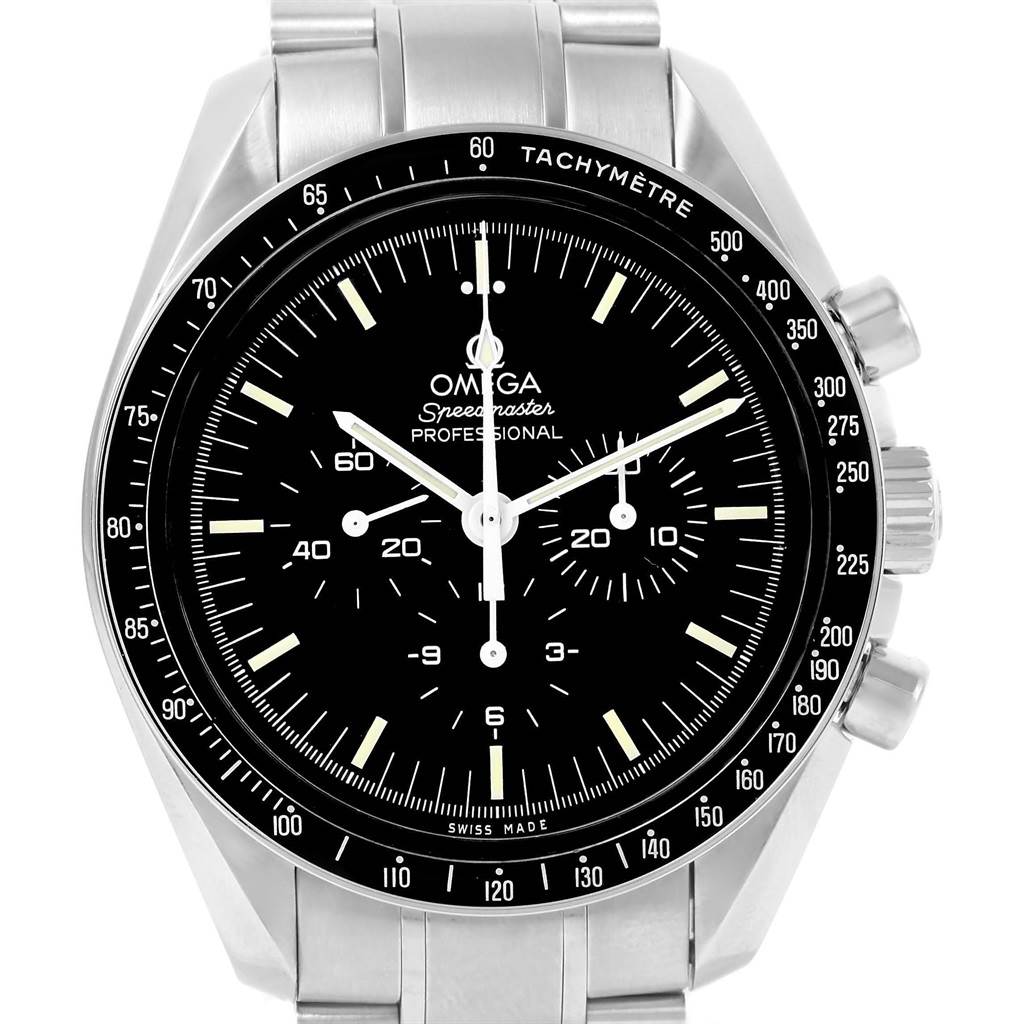 The image shows a frontal view of an Omega Speedmaster 3570.50.00 Men
s Stainless Steel Black Dial 3570.50.00 Men
s Stainless Steel Black Dial Professional watch, highlighting the dial, hands, subdials, and tachymeter bezel.