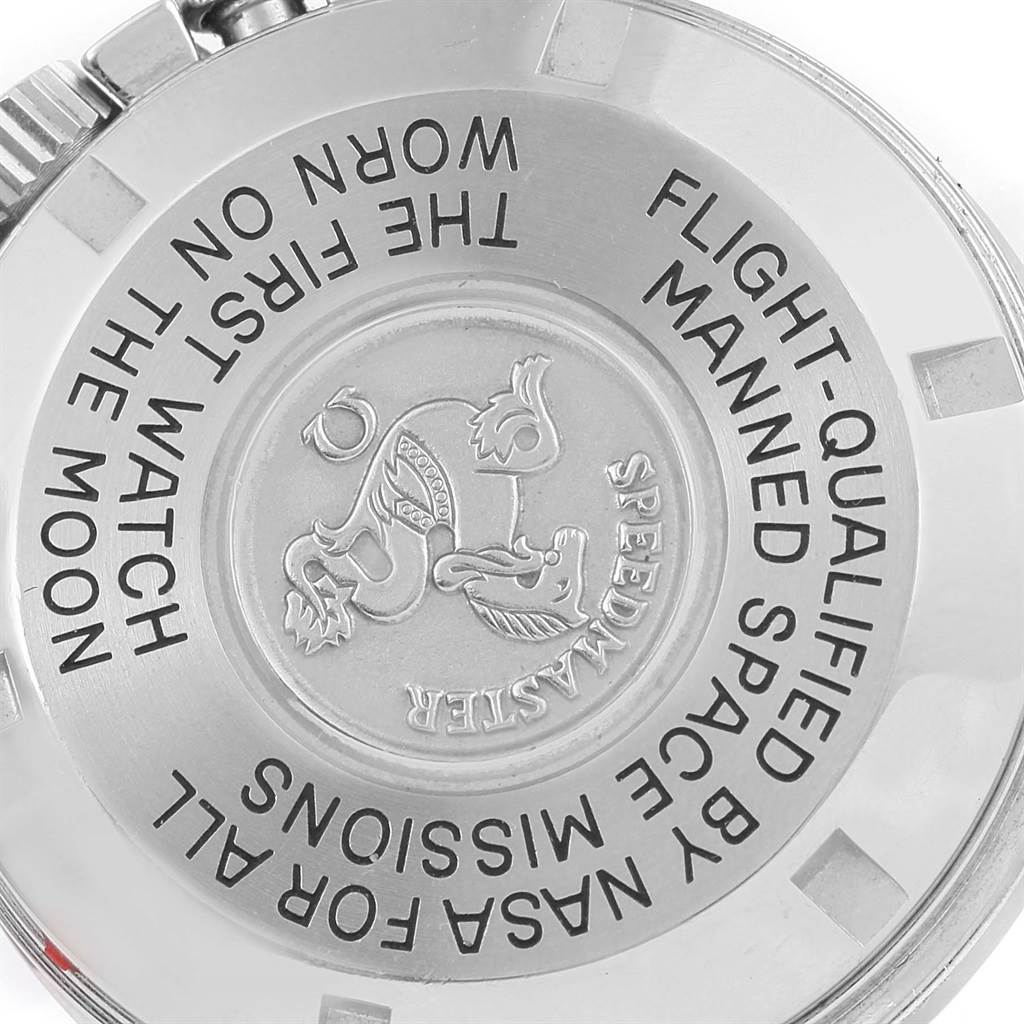 This image shows the case back of the Omega Speedmaster 3570.50.00 Men
s Stainless Steel Black Dial 3570.50.00 Men
s Stainless Steel Black Dial watch, featuring engraved text and an emblem.