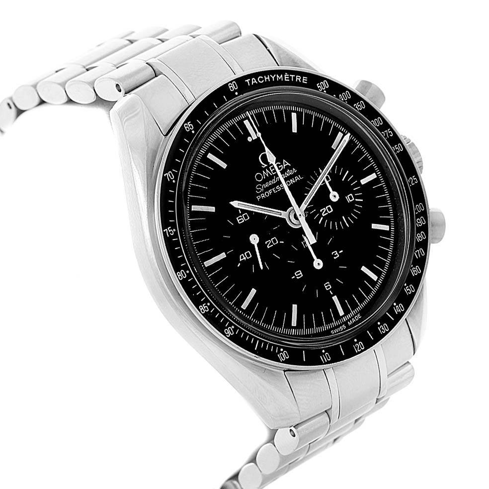 The Omega Speedmaster 3570.50.00 Men
s Stainless Steel Black Dial 3570.50.00 Men
s Stainless Steel Black Dial watch is shown at an angle highlighting the case, bezel with tachymeter scale, dial, and part of the bracelet.