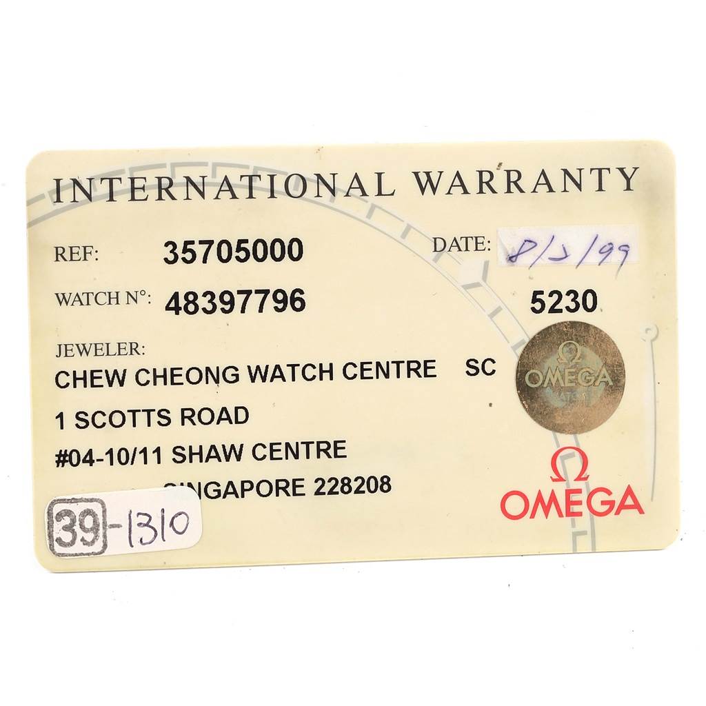 This image shows an International Warranty card for the Omega Speedmaster 3570.50.00 Men
s Stainless Steel Black Dial 3570.50.00 Men
s Stainless Steel Black Dial watch, detailing the reference number, watch number, jeweler information, and sale date.