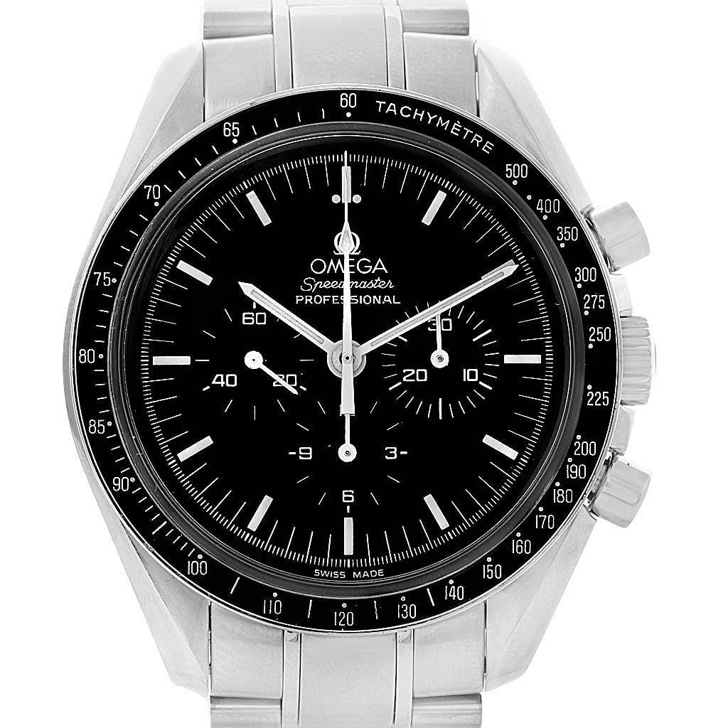 The image shows a front view of the Omega Speedmaster 3570.50.00 Men
s Stainless Steel Black Dial 3570.50.00 Men
s Stainless Steel Black Dial, displaying the dial, bezel, and part of the bracelet with pushers and crown.