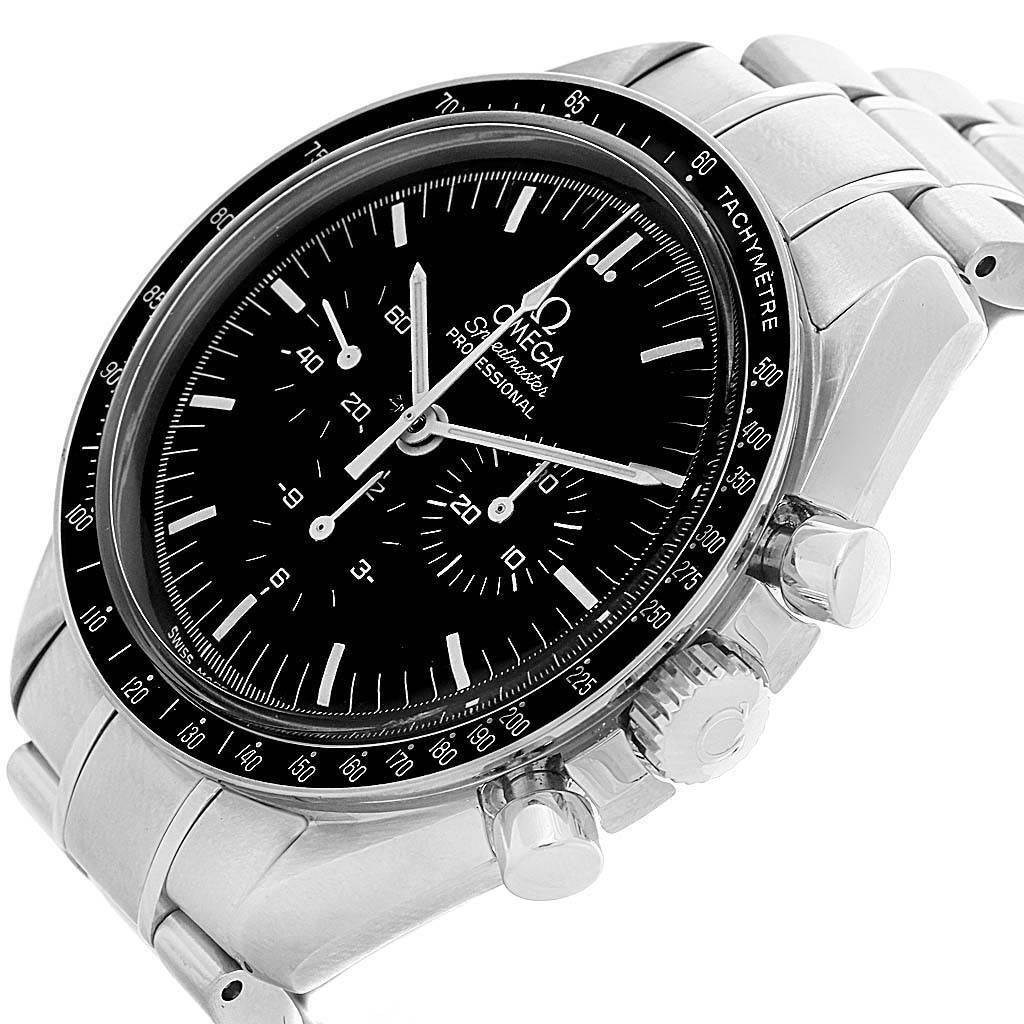 The Omega Speedmaster 3570.50.00 Men
s Stainless Steel Black Dial 3570.50.00 Men
s Stainless Steel Black Dial watch is shown from a three-quarter angle, highlighting its dial, crown, pushers, and bracelet.