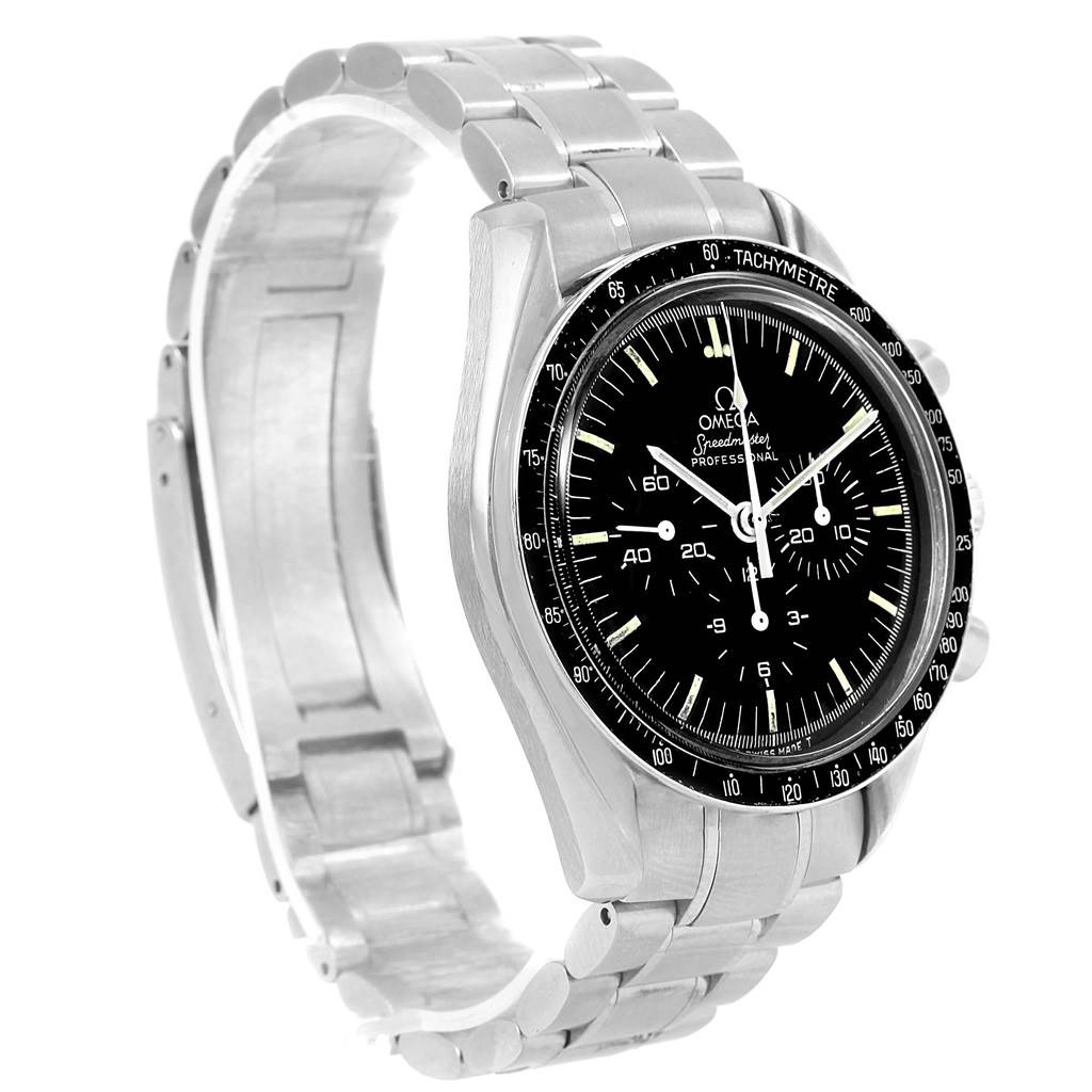 The Omega Speedmaster Men
s Stainless Steel Black Dial Men
s Stainless Steel Black Dial watch is displayed at an angle showing its face, bezel, and bracelet.