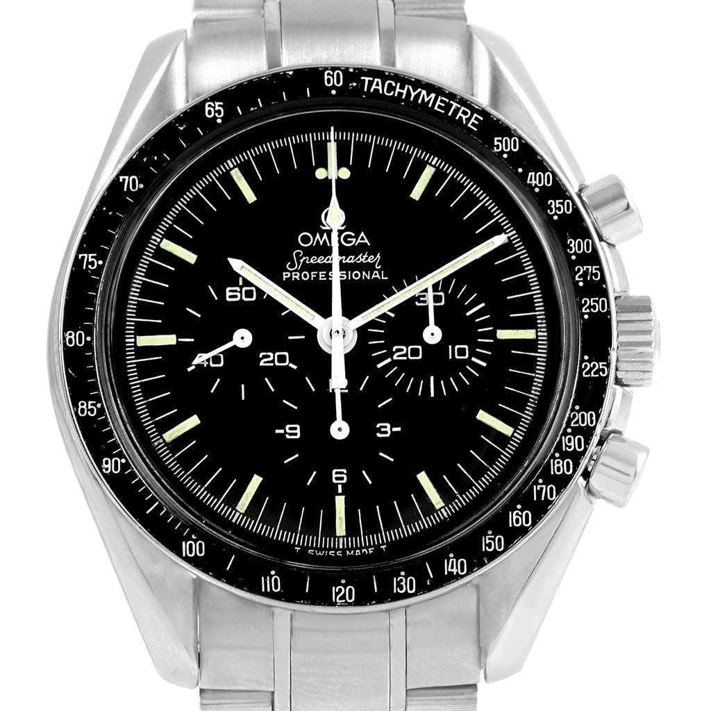 The image shows a frontal view of the Omega Speedmaster Men
s Stainless Steel Black Dial Men
s Stainless Steel Black Dial watch, highlighting its dial, tachymeter bezel, and chronograph pushers.