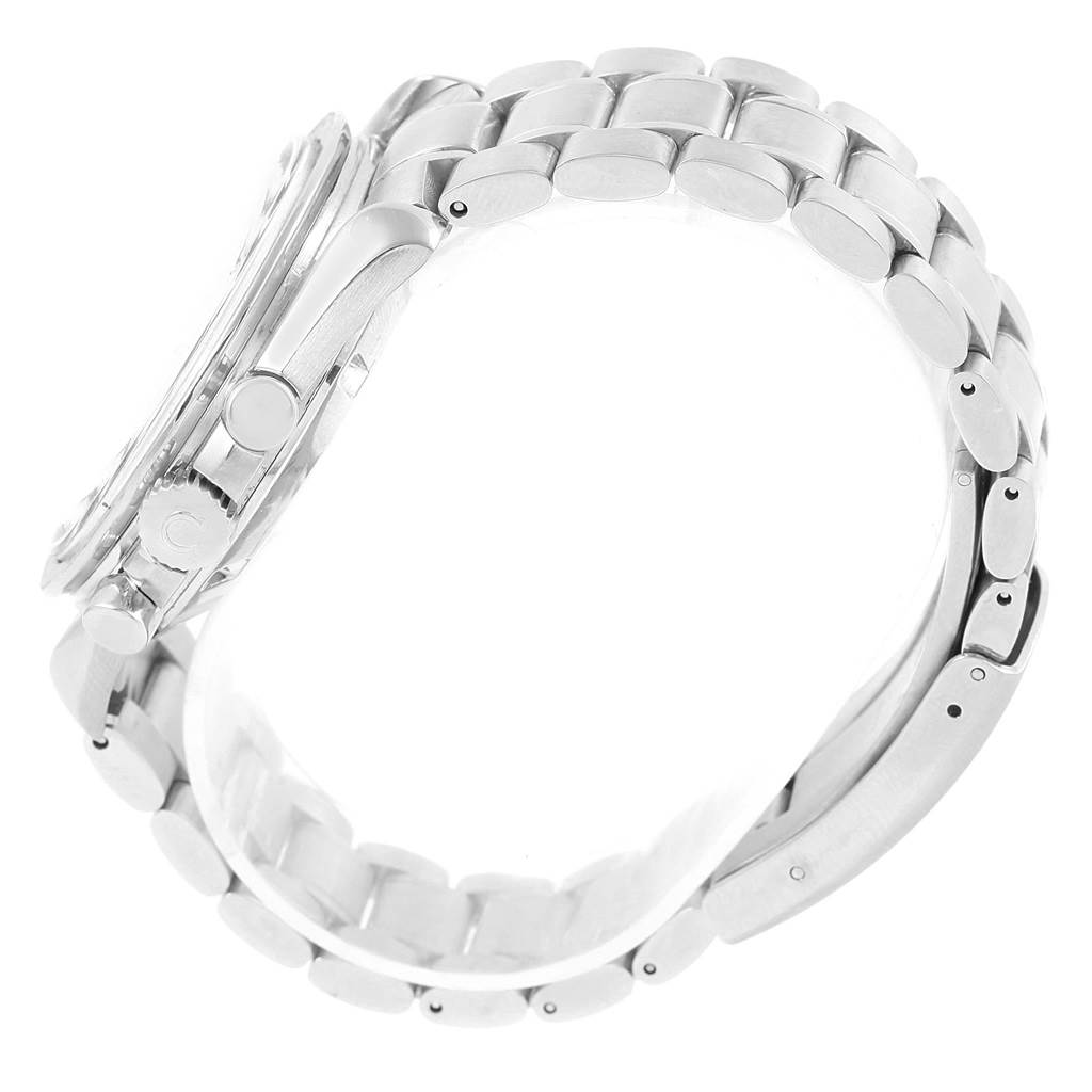 The image shows a side view of the Omega Speedmaster Men
s Stainless Steel Black Dial Men
s Stainless Steel Black Dial watch, highlighting its stainless steel bracelet and case.