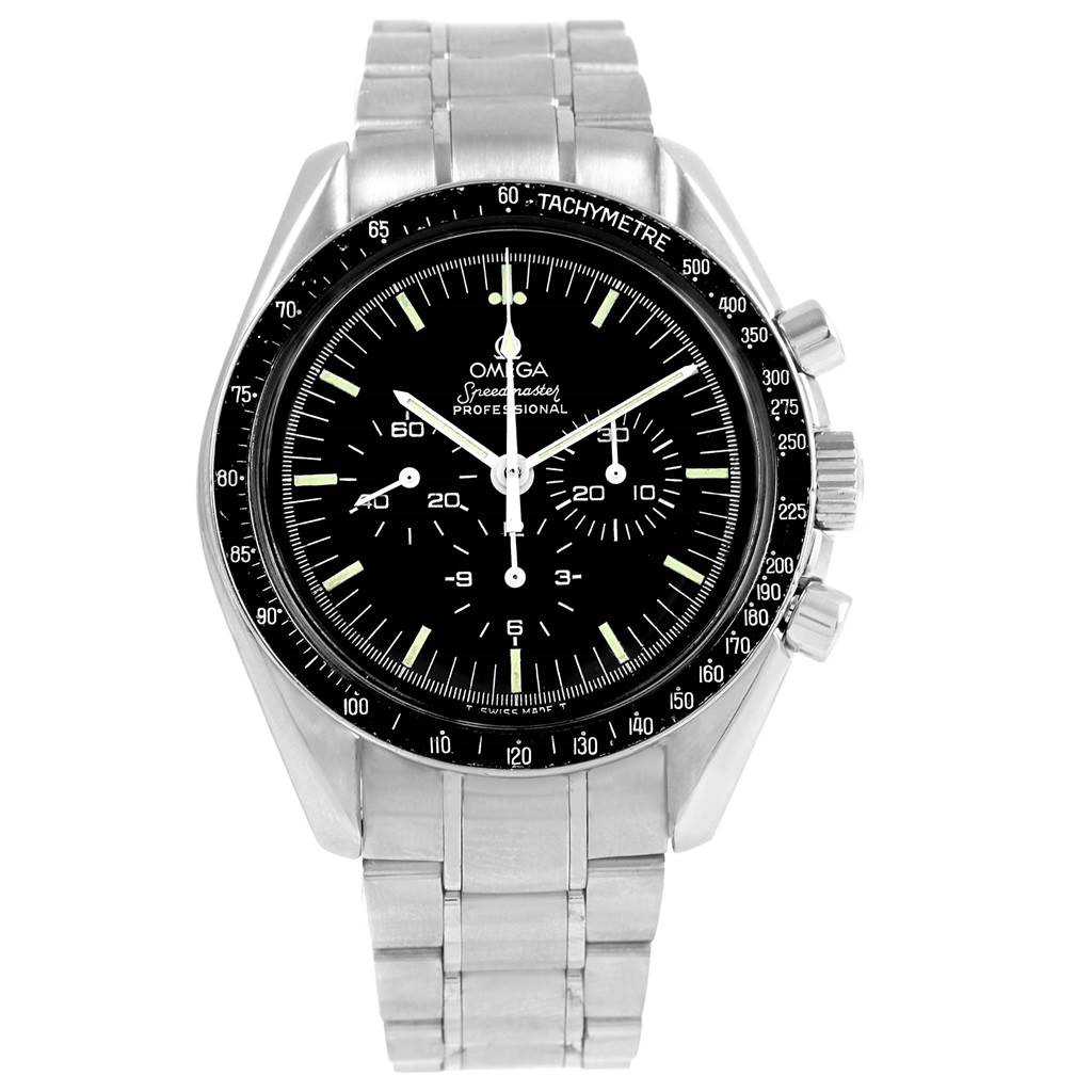 This image shows a frontal view of an Omega Speedmaster Men
s Stainless Steel Black Dial Men
s Stainless Steel Black Dial watch, displaying its black dial, three sub-dials, tachymeter bezel, and metal bracelet.