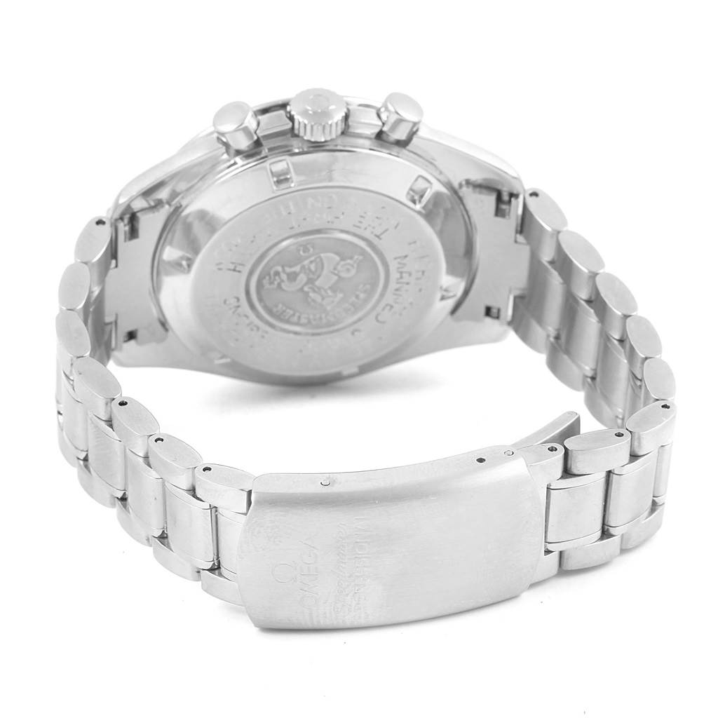 The image shows the back of the Omega Speedmaster Men
s Stainless Steel Black Dial Men
s Stainless Steel Black Dial watch and its partially open metal bracelet.