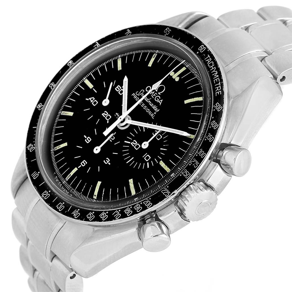 The image shows an angled view of an Omega Speedmaster Men
s Stainless Steel Black Dial Men
s Stainless Steel Black Dial watch, highlighting the bezel, dial, and chronograph pushers.