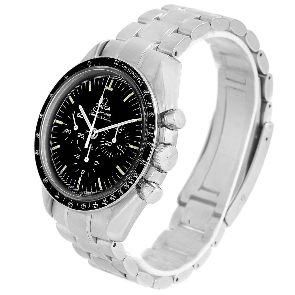 The Omega Speedmaster Men
s Stainless Steel Black Dial Men
s Stainless Steel Black Dial watch is shown at an angle highlighting its black dial, bezel, side buttons, and metal bracelet.