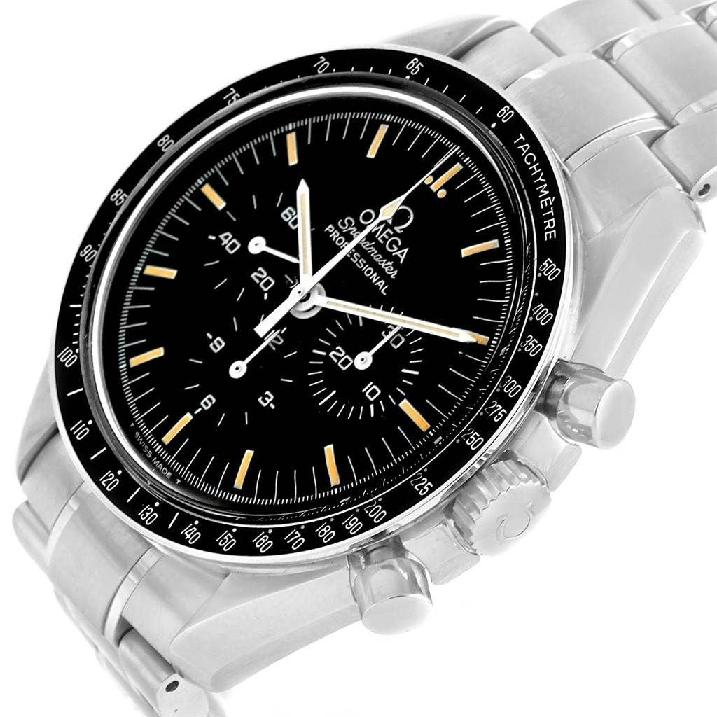 This image shows an angled close-up of the face and crown side of the Omega Speedmaster 3570.50.00 Men
s Stainless Steel Black Dial 3570.50.00 Men
s Stainless Steel Black Dial watch, highlighting its buttons and bracelet.
